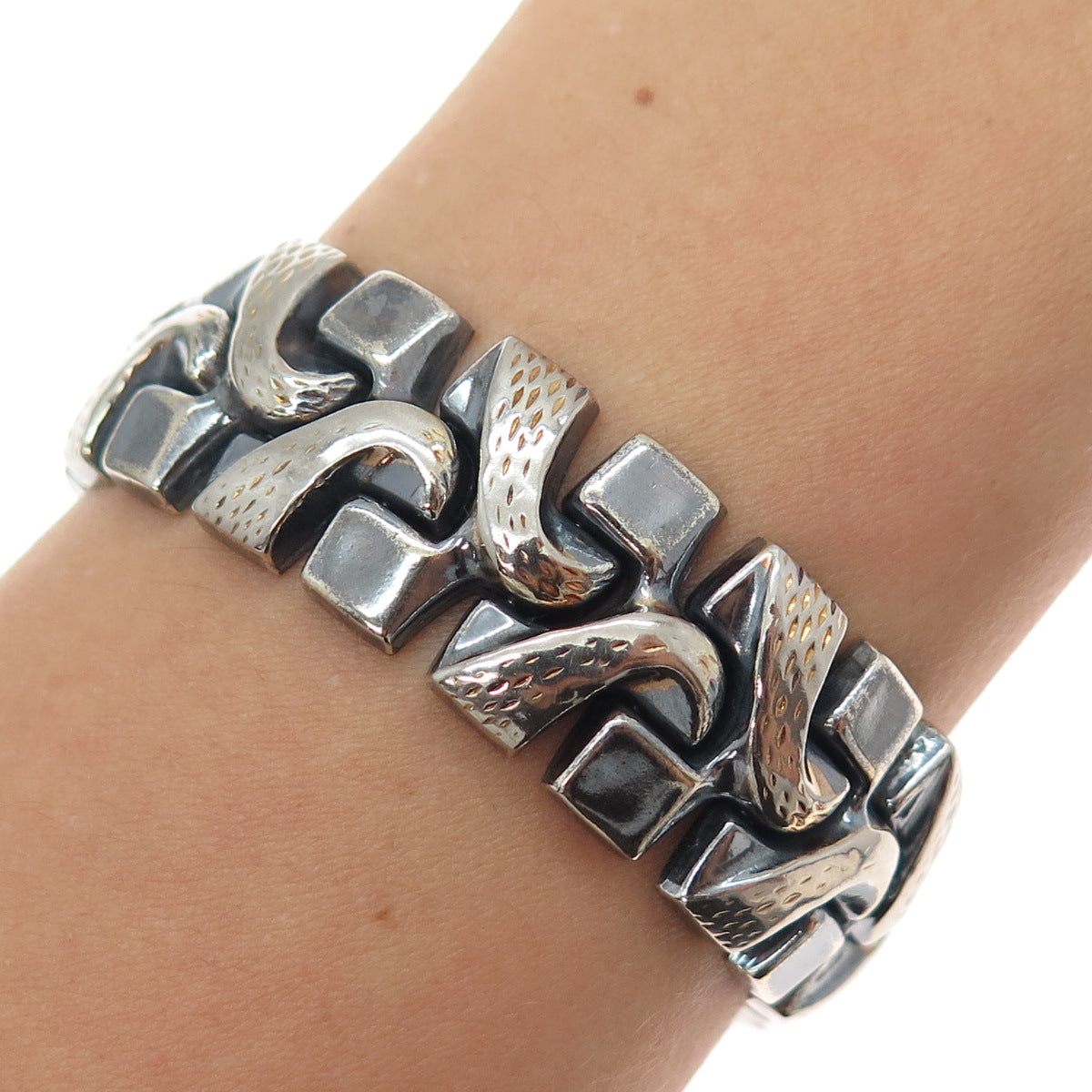 925 Sterling 2-Tone Vintage Italy Wavy Spine Link Hollow Oxidized Bracelet 7"