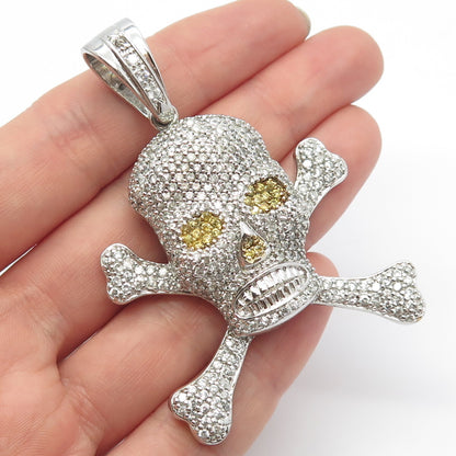 925 Sterling Silver White & Yellow C Z Skull & Bones Pendant