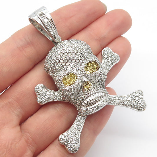 925 Sterling Silver White & Yellow C Z Skull & Bones Pendant