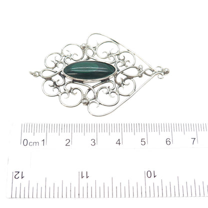 925 Sterling Silver Vintage Real Malachite Swirl Ornate Charm Pendant