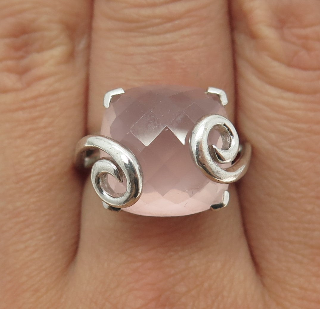 925 Sterling Silver Vintage Real Rose Quartz Modernist Ring Size 7