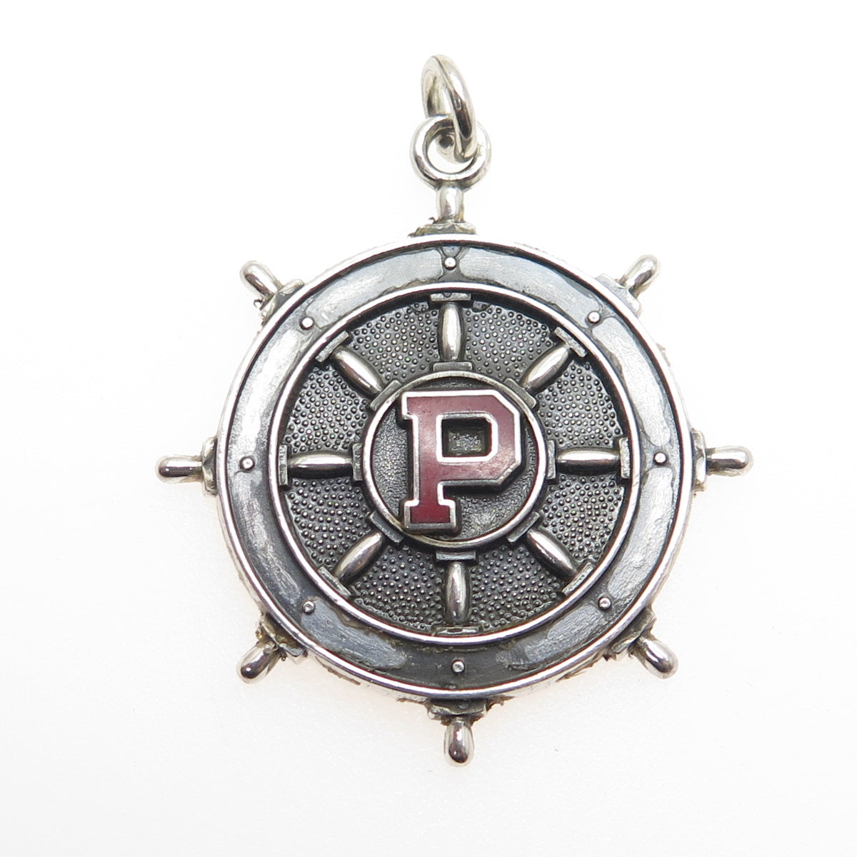 925 Sterling Silver Vintage Enamel Letter "P" Ship Wheel Oxidized Pendant