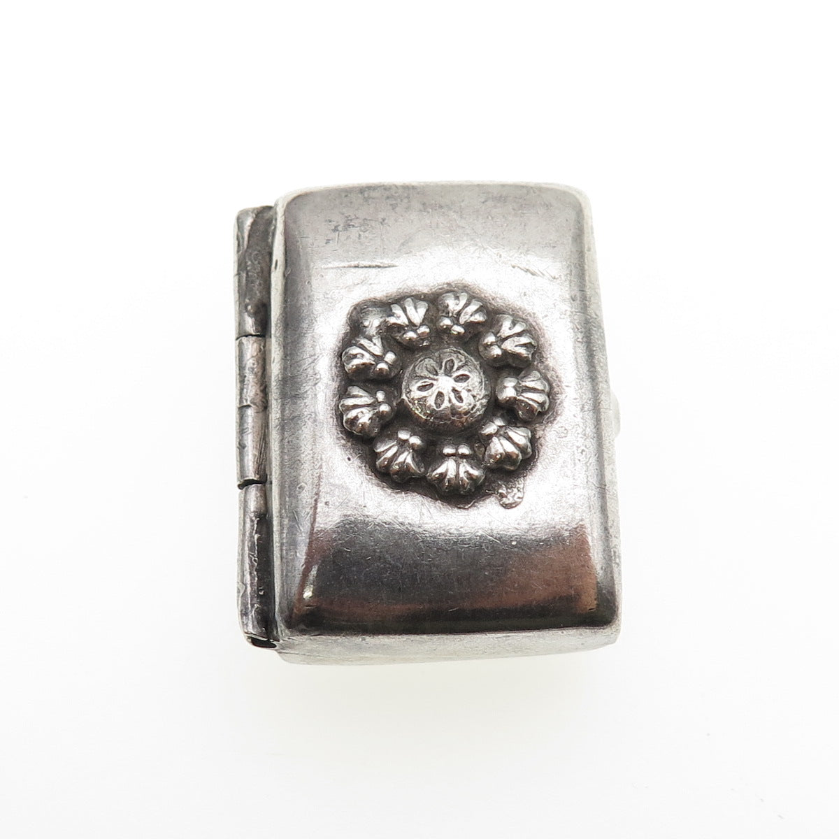 925 Sterling Silver Antique Art Deco Flower Oxidized Snuff / Pill Box