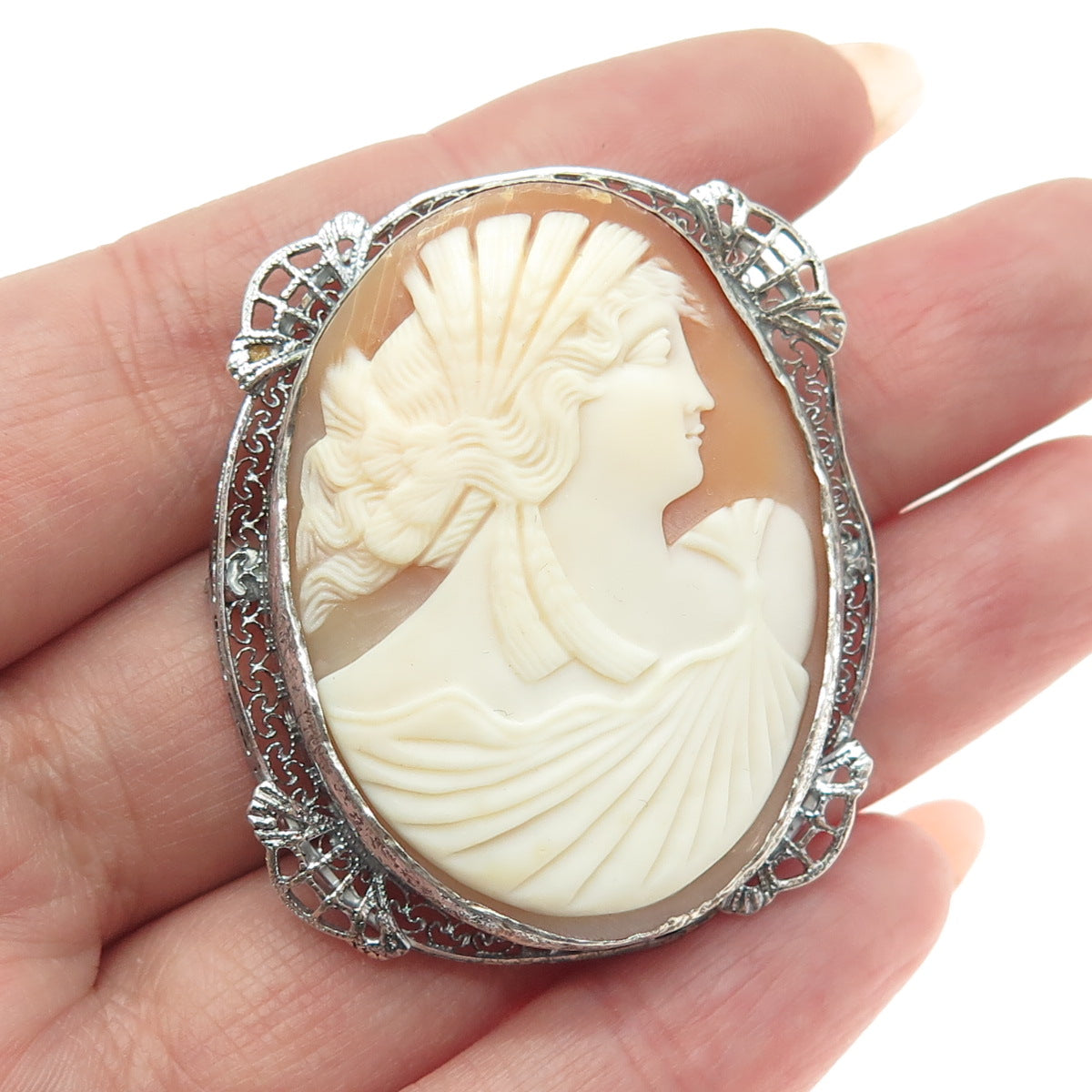 800 Silver Antique Real Carved MOP Victorian Lady Cameo Filigree Pin Pendant