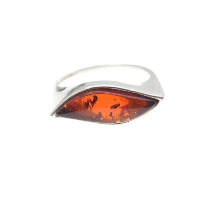 925 Sterling Silver Vintage Real Amber Modernist Wavy Ring Size 9