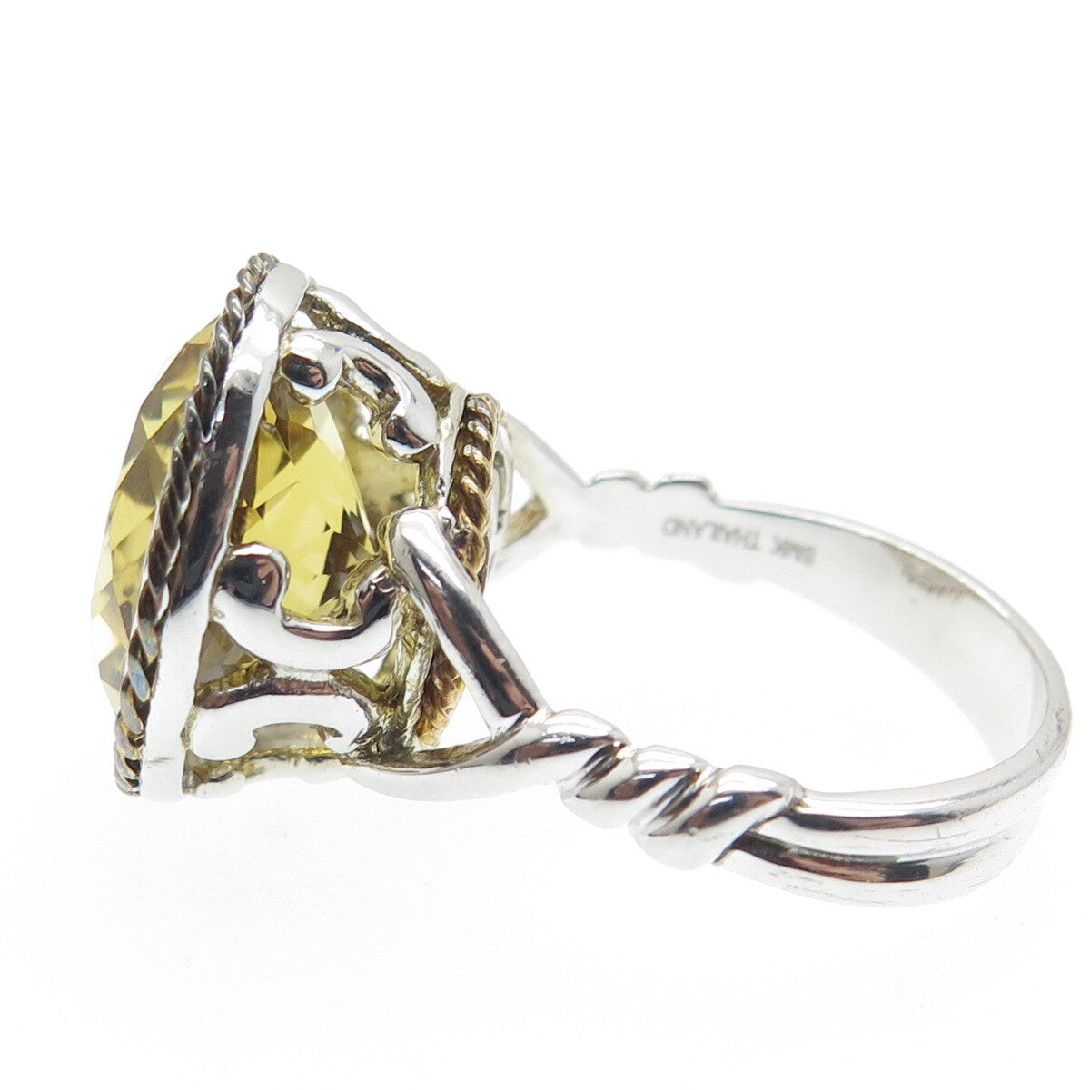 925 Sterling Silver 2-Tone Real Round-Cut Citrine Roped Ring Size 7