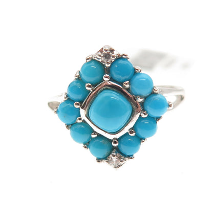 925 Sterling Silver Real Sleeping Beauty Turquoise & White Topaz Ring Size 8