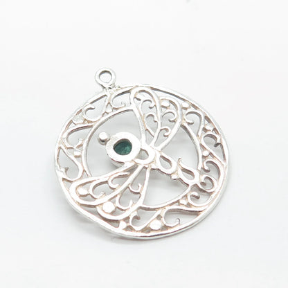 925 Sterling Silver Vintage Real Green Tourmaline Gem Dragonfly Round Pendant