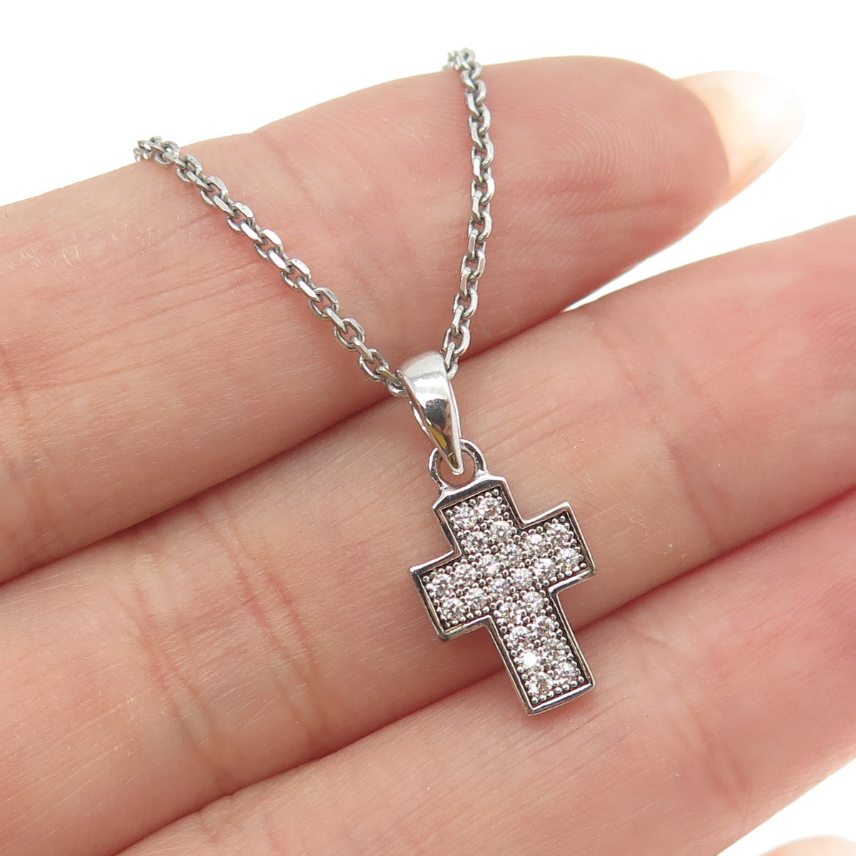 925 Sterling Silver Italy C Z Cross Pendant Cable Chain Necklace 16"