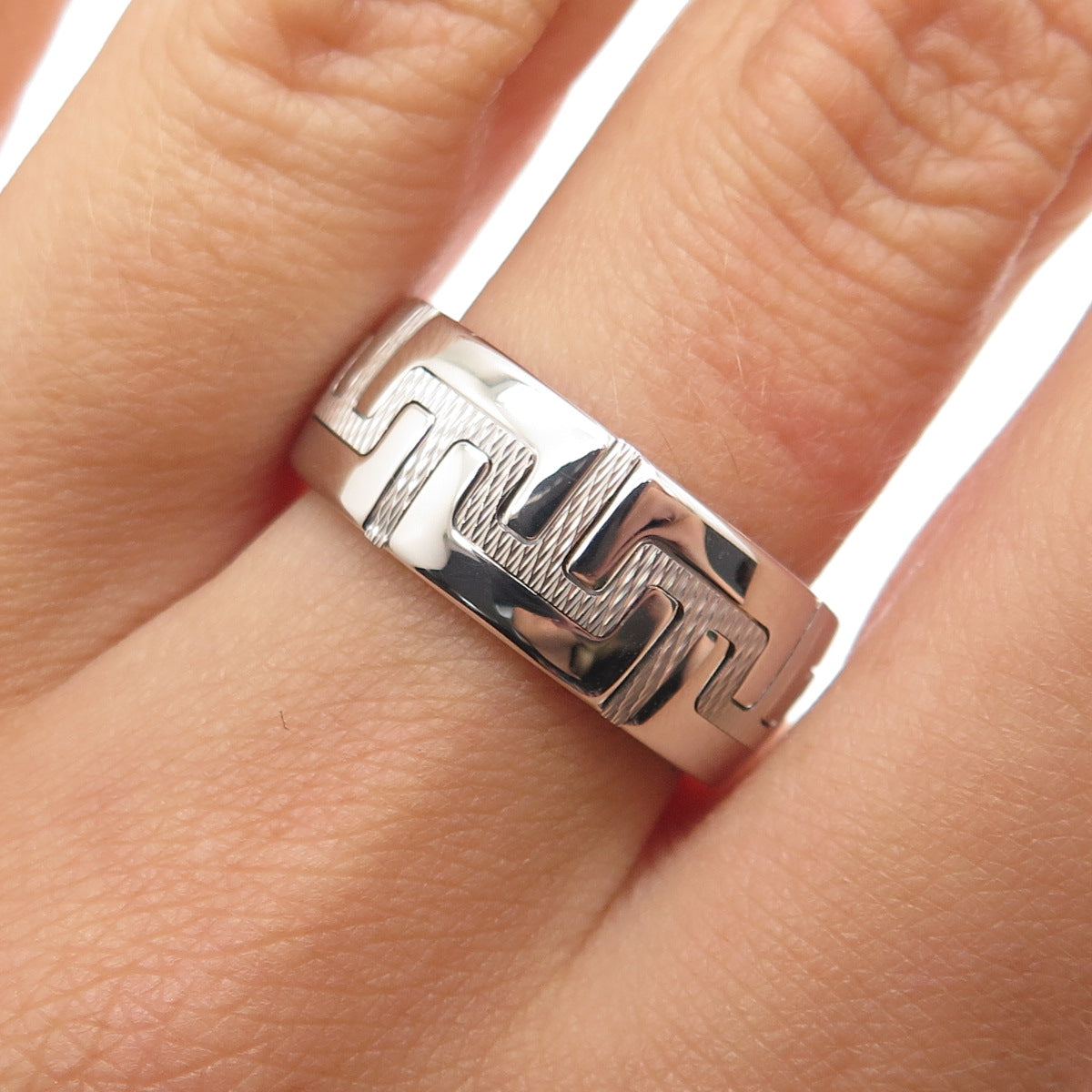 NEOS 925 Sterling Silver Textured Greek Maze Band Ring Size 7.75