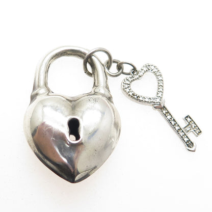 925 Sterling Silver Vintage Puffy Heart Lock & Key 3D Pendant