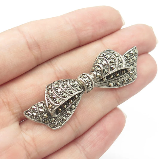 925 Sterling Silver Vintage Real Marcasite Gem Ribbon Bow Pin Brooch