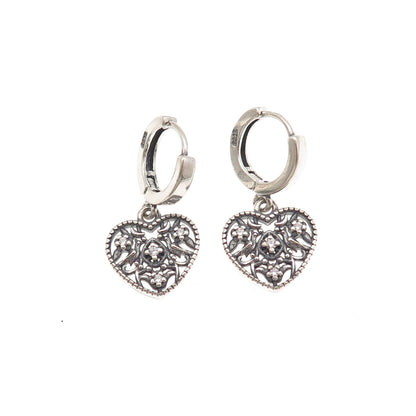 925 Sterling Silver Vintage Round-Cut C Z Heart Dangle Charm Hoop Earrings