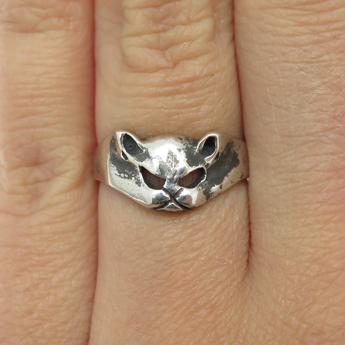 925 Sterling Silver Vintage Cat Oxidized Ring Size 6.5