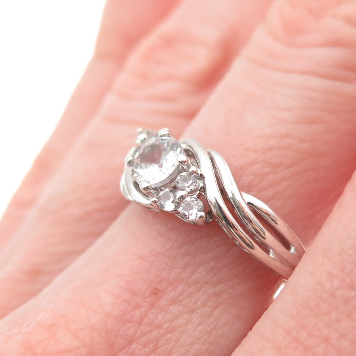 SUN 925 Sterling Silver Real Round-Cut White Topaz Engagement Ring Size 6.75