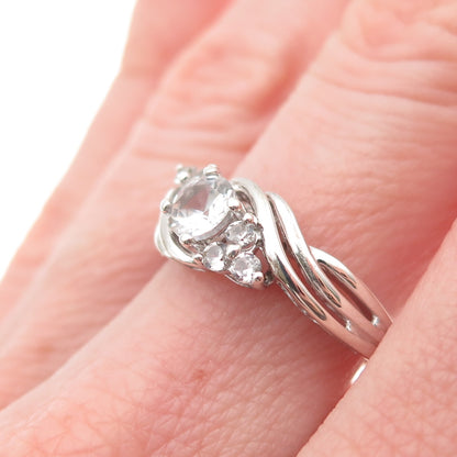 SUN 925 Sterling Silver Real Round-Cut White Topaz Engagement Ring Size 6.75