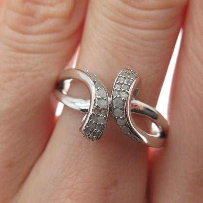 925 Sterling Silver Real Round-Cut Diamond Bypass Ring Size 8.25