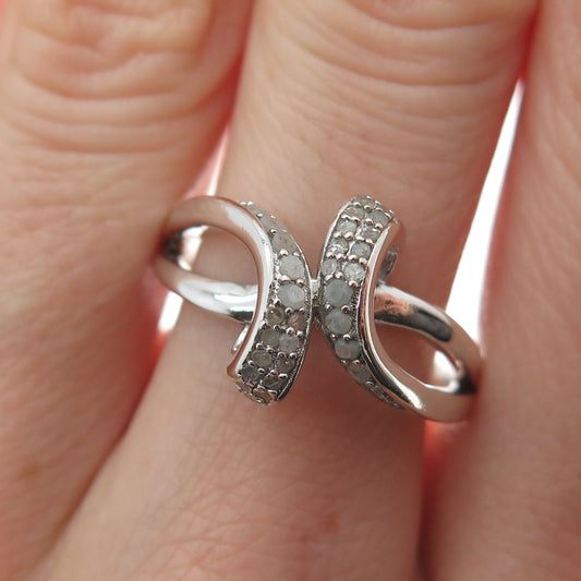 925 Sterling Silver Real Round-Cut Diamond Bypass Ring Size 8.25