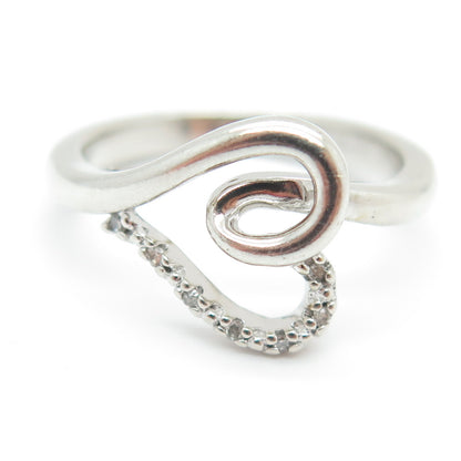 SUN 925 Sterling Silver Real Round-Cut Diamond Twisted Heart Ring Size 7