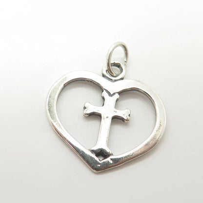 925 Sterling Silver Vintage Cross Heart Charm Pendant