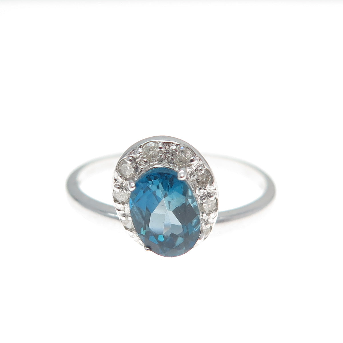 925 Sterling Silver Real Round-Cut Diamond & London Blue Topaz Ring Size 7.25