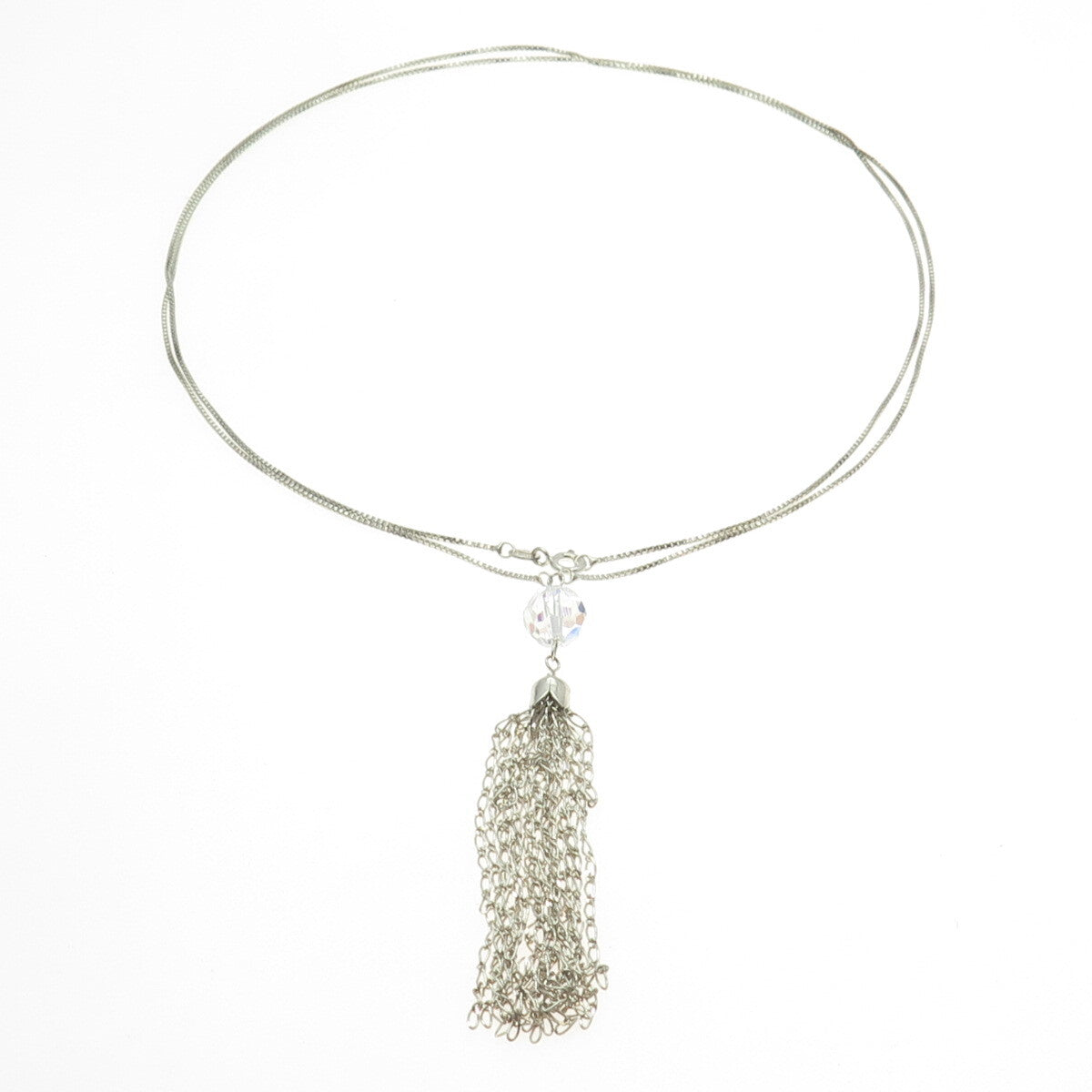 925 Sterling Silver Vintage Italy Clear Crystal Tassel Box Chain Necklace 36"
