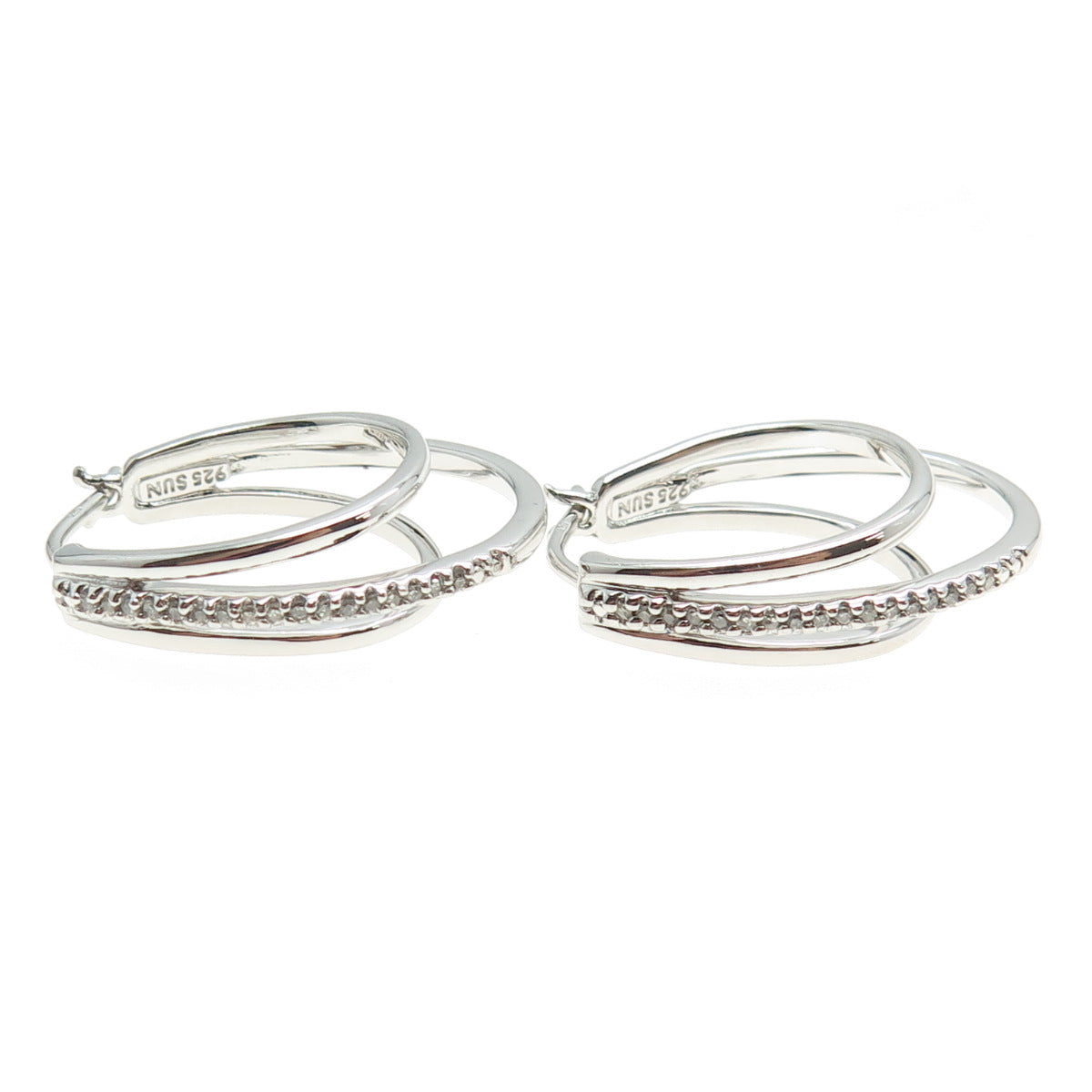 SUN 925 Sterling Silver Real Round-Cut Diamond Multi-Hoop Earrings