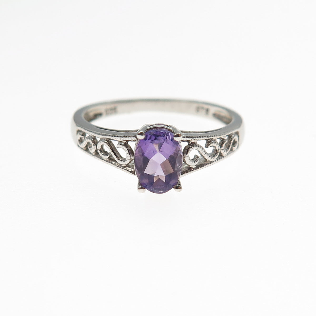 CHUCK CLEMENCY 925 Sterling Silver Vintage Real Oval-Cut Amethyst Ring Size 7.25