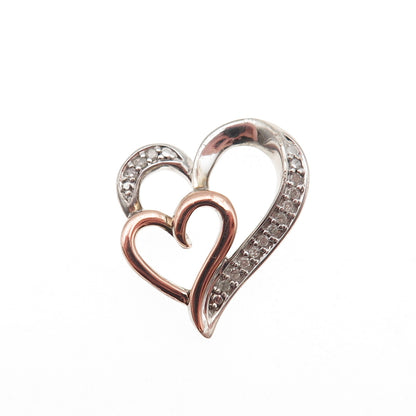 SUN 925 Sterling 14K Rose Gold Real Diamond Mom & Child Heart Mini Slide Pendant