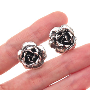 925 Sterling Silver Antique Art Deco Rose Flower Oxidized Screw Back Earrings