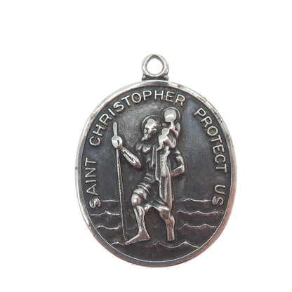 HAYWARD 925 Sterling Antique Art Deco St. Christopher Religious Oxidized Pendant