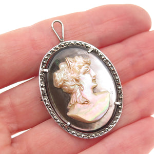 900 Silver Antique Real MOP & Marcasite Lady Cameo Pin Pendant (missing 1 stone)