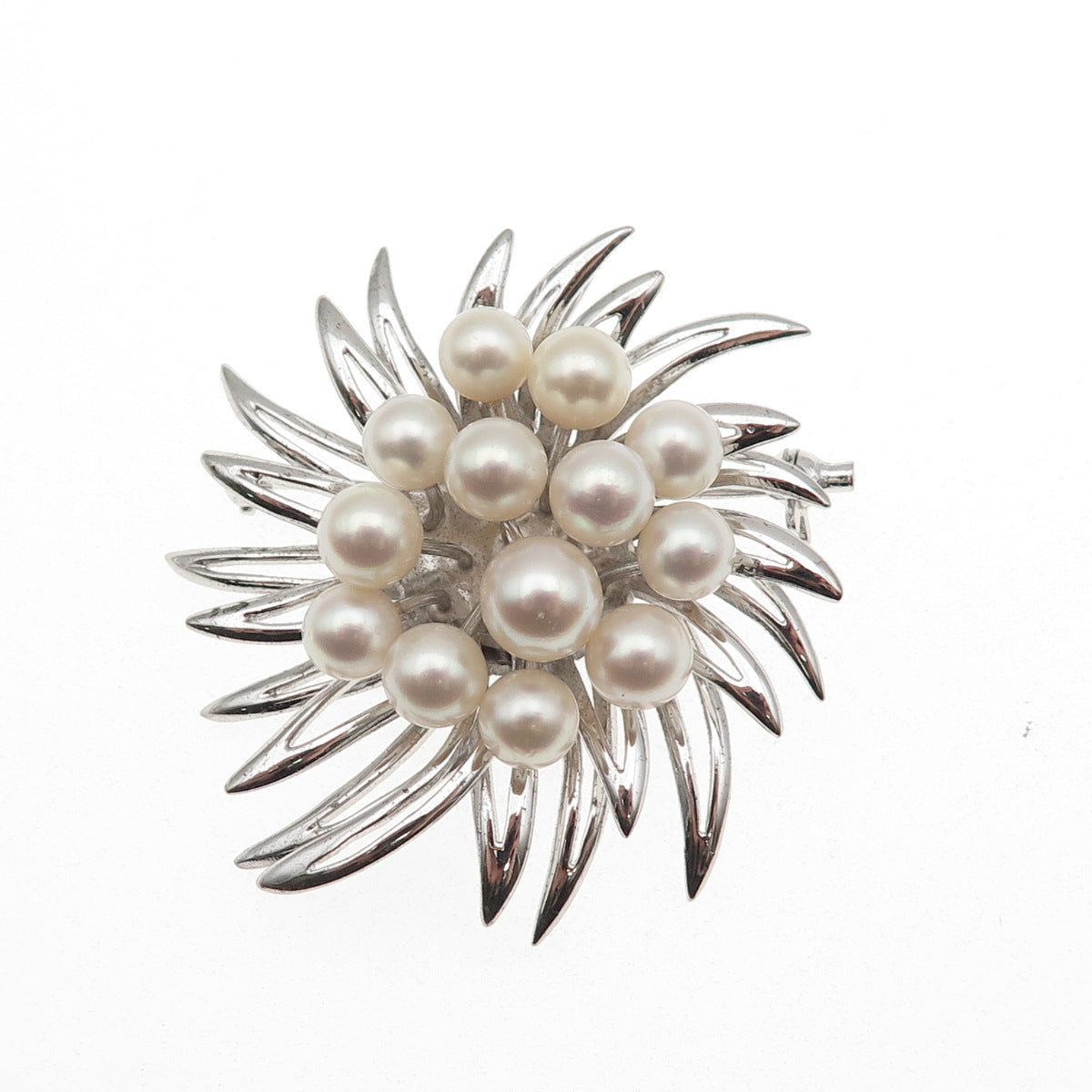 925 Sterling Silver Antique Art Deco Real Akoya Pearl Floral Pin Brooch