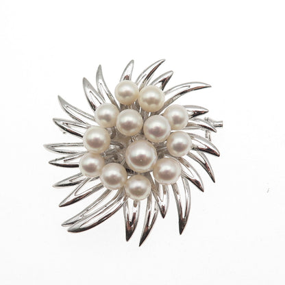 925 Sterling Silver Antique Art Deco Real Akoya Pearl Floral Pin Brooch