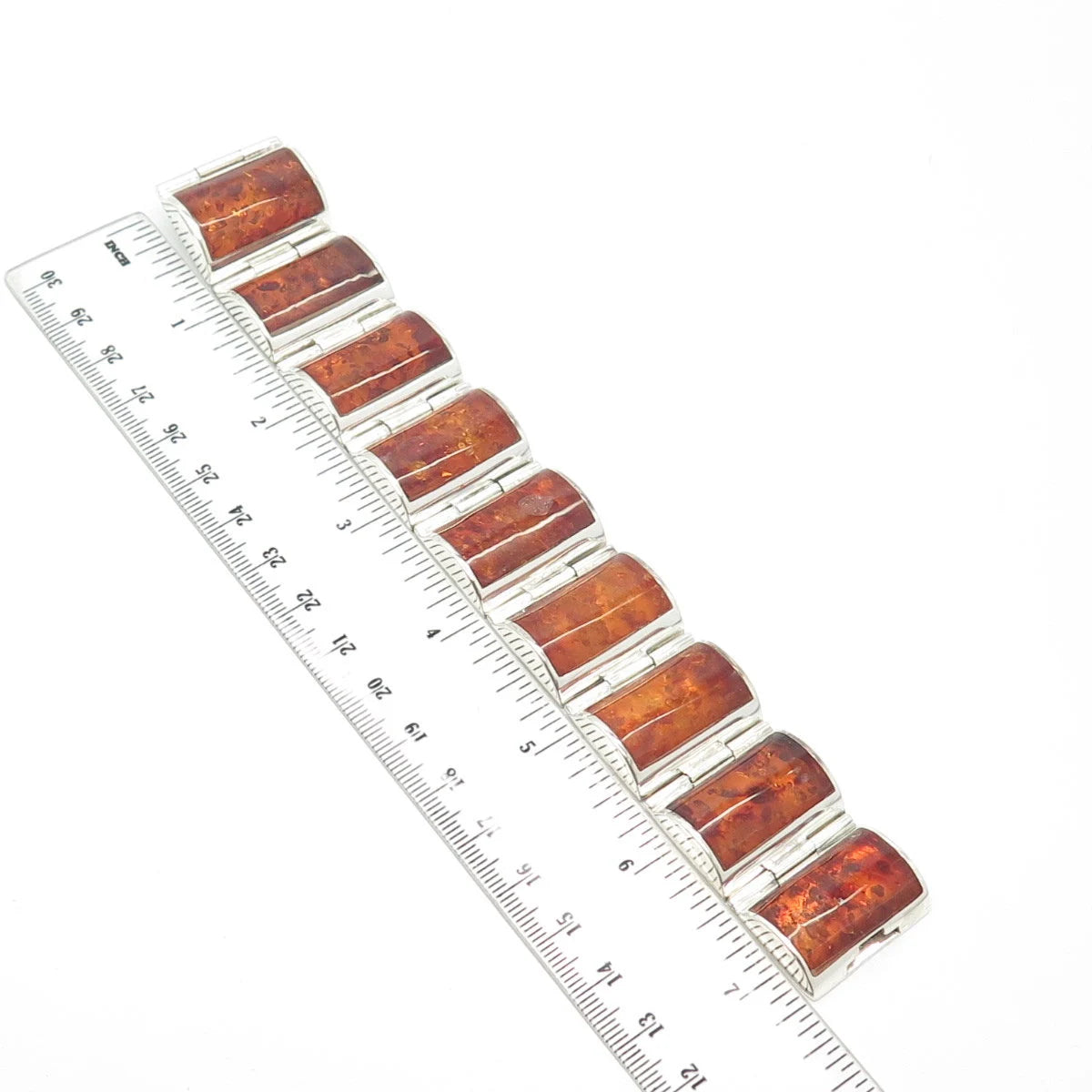 925 Sterling Silver Vintage Real Amber Tennis Panel Link Bracelet 7"