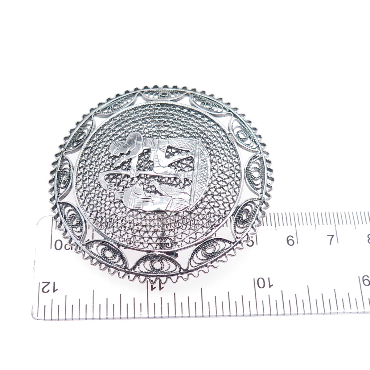 800 Silver Vintage Egypt Storyteller Filigree Oxidized Pin Brooch