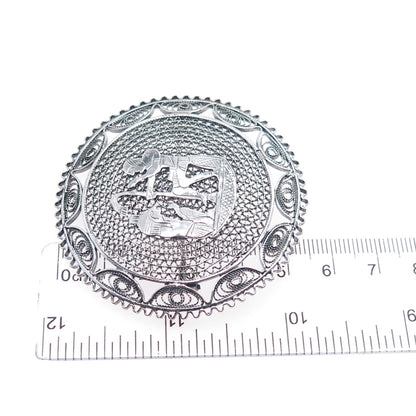 800 Silver Vintage Egypt Storyteller Filigree Oxidized Pin Brooch