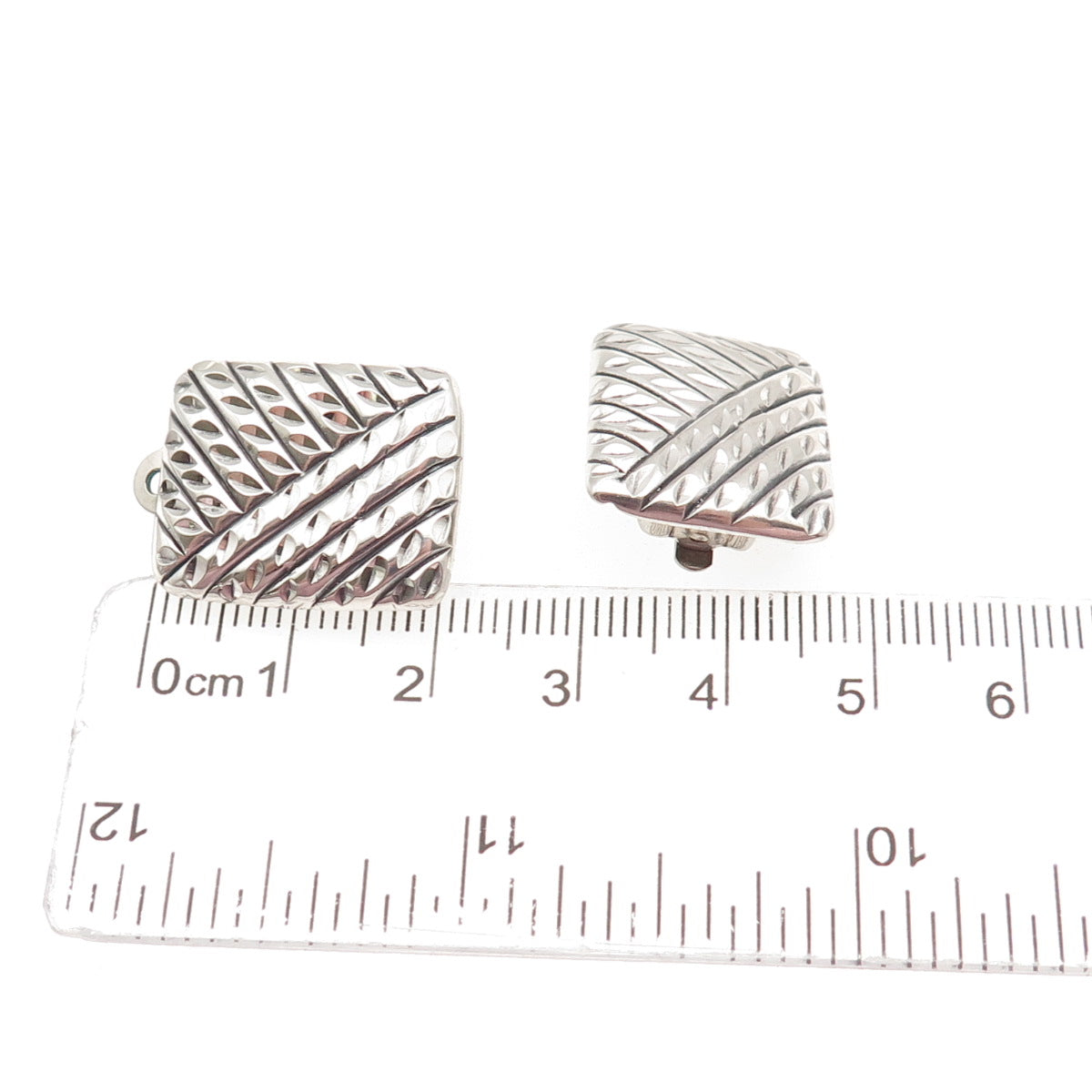 925 Sterling Silver Vintage Modernist Ribbed Oxidized Clip On Earrings
