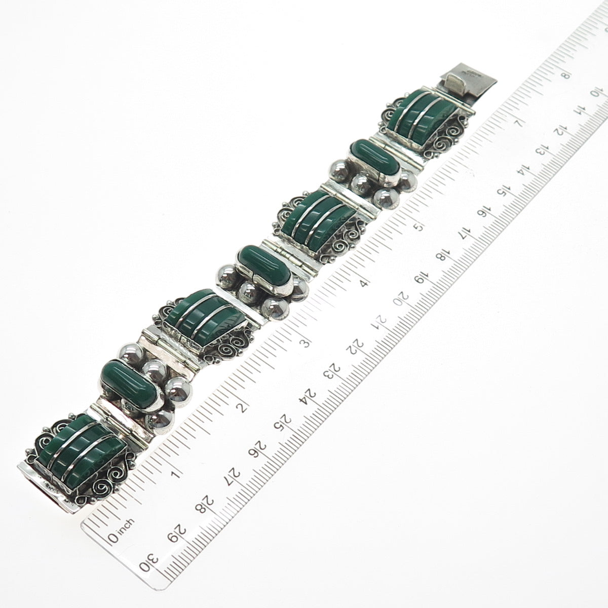 925 Sterling Silver Vintage Mexico Real Green Onyx Panel Link Bracelet 6.75"