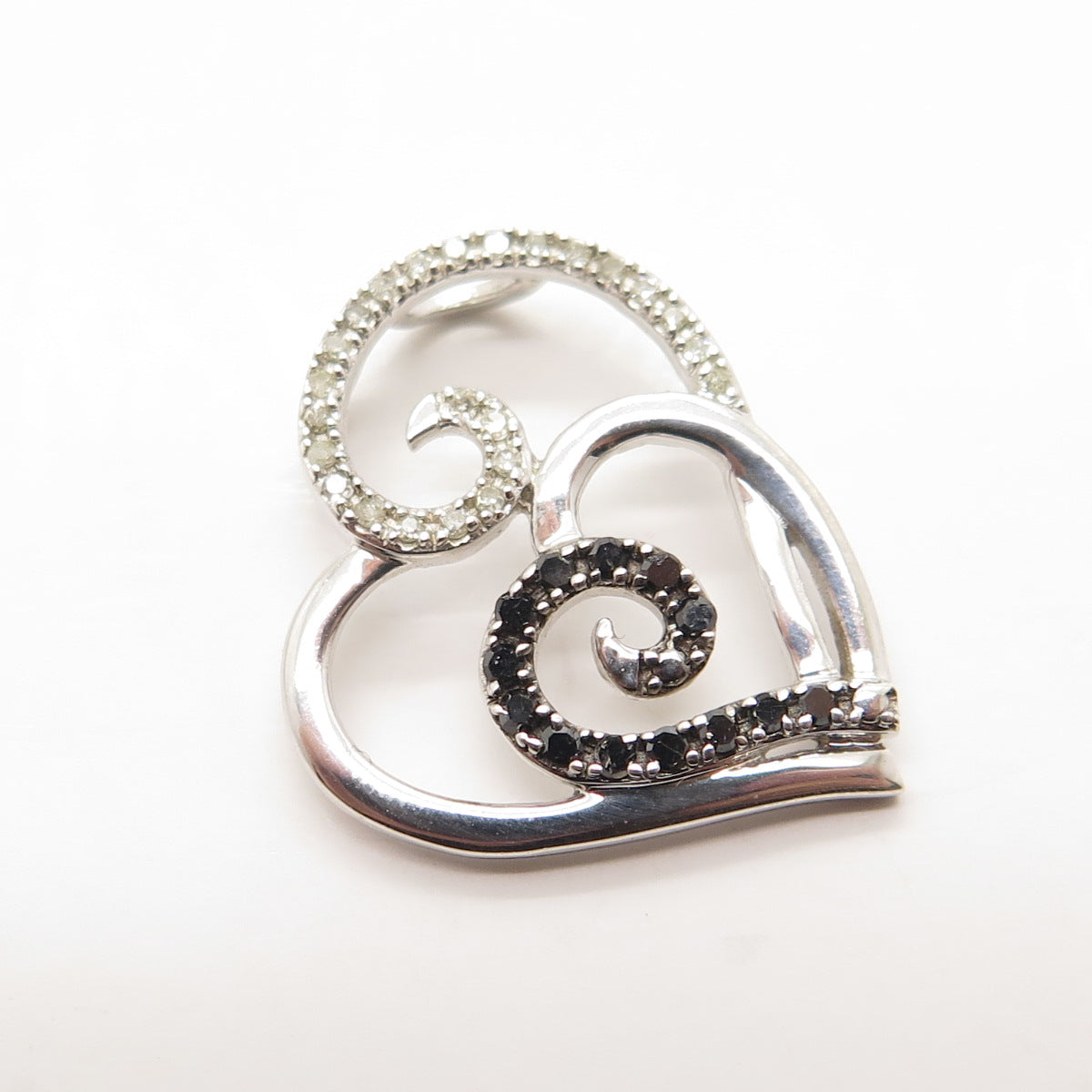 DIAG 925 Sterling Silver Real Round-Cut Black & White Diamond Heart Pendant