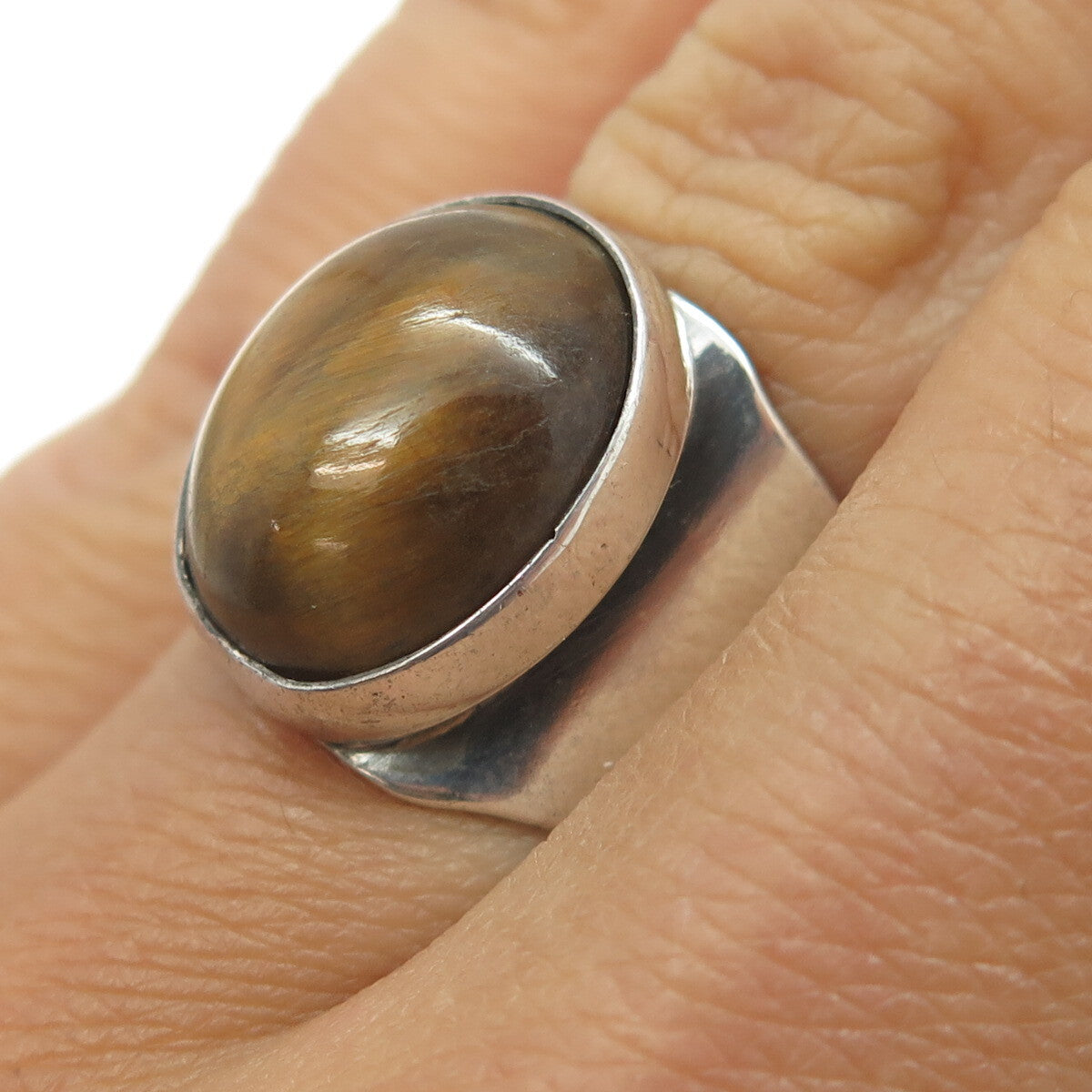 KEN BER 925 Sterling Silver Vintage Real Tiger Eye Modernist Ring Size 7.25