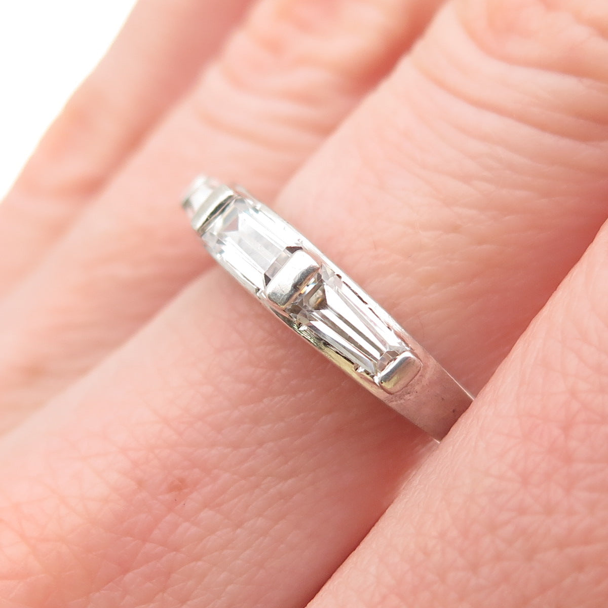 925 Sterling Silver Tapered Baguette & Emerald-Cut C Z Band Ring Size 6.25