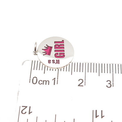 925 Sterling Silver Pink Enamel It's a Girl Round Tag Mini Charm Pendant