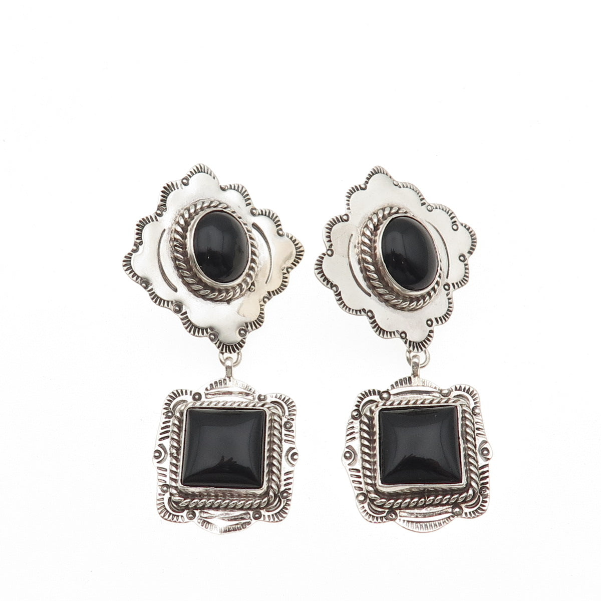Old Pawn 925 Sterling Silver Vintage Southwestern Black Onyx Dangle Earrings