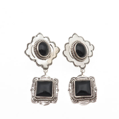 Old Pawn 925 Sterling Silver Vintage Southwestern Black Onyx Dangle Earrings