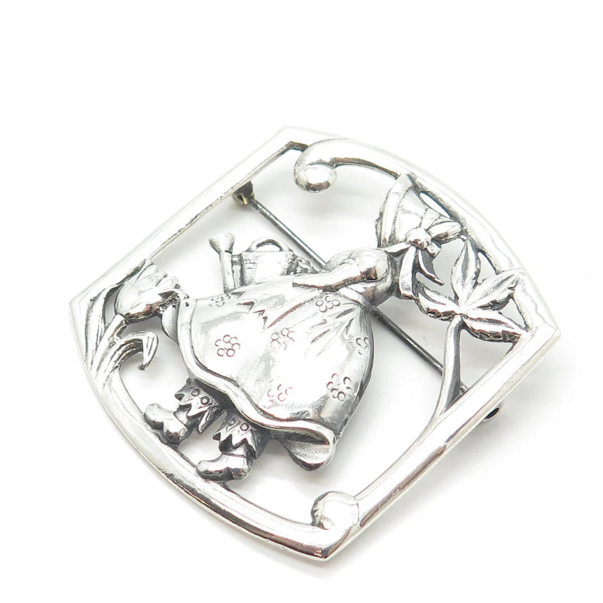 925 Sterling Silver Vintage Girl & Floral Pin Brooch