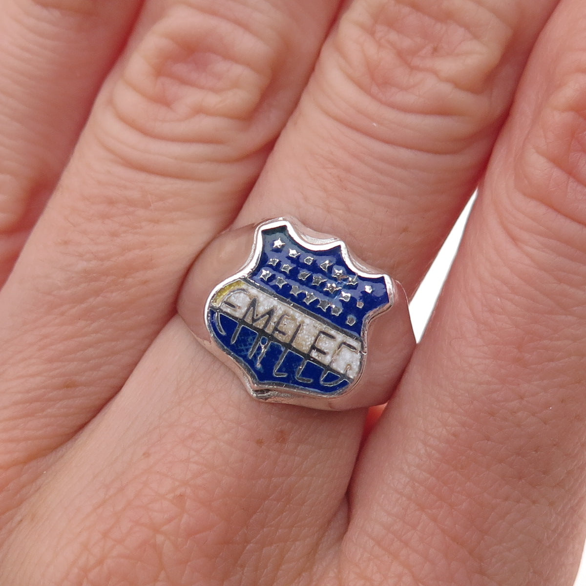 925 Sterling Silver Antique Art Deco Enamel Club Sport Emelec Ring Size 8