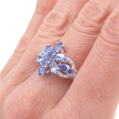 925 Sterling Silver Real Diamond Accent & Tanzanite Floral Ring Size 8