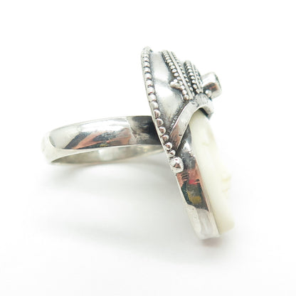 925 Sterling Silver Vintage Real Peridot & Carved MOP Moon Goddess Ring Size 6