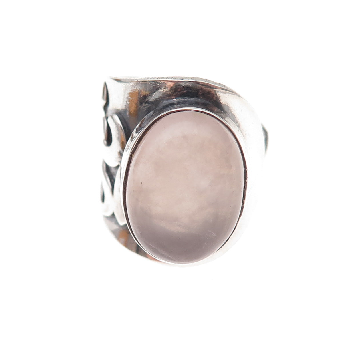925 Sterling Silver Vintage Real Rose Quartz Om Mantra Adjustable Ring Size 8.5